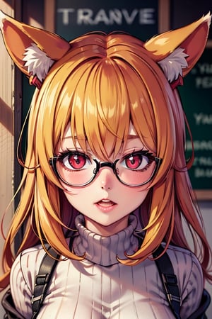 blonde hair, nerd , fox girl, buck teeth, glasses,  portrait view, looking up. sweater ,masterpiece,Kanbaru,transcend \(umamusume\),nerd_girl,Fox girl