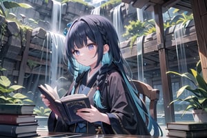 1girl, short bangs, blunt bangs, ,concave bangs, multicolored hair,  navy blue hair, black hair, long hair, mage robe, black and blue robe, waterfall, relaxed, fantasy setting, side braid, jade eyes,  reading a book.