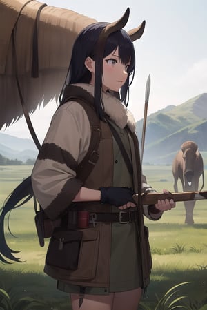 1girl, wearing animal skin, spear, hunting a Mammoth.