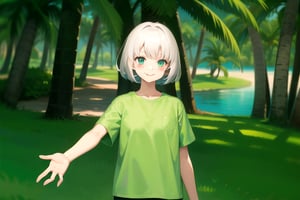 a girl with short hair on an island with palm trees, green shirt, hand stretched out., smiling.