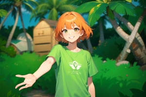 a girl with short hair on an island with palm trees, green shirt, hand stretched out., smiling, orange hair.