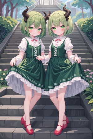 looking at viewer, blush, smile, short hair, bangs, multiple girls, long sleeves, dress, 2girls, closed mouth, green eyes, standing, full body, short sleeves, outdoors, frills, green hair, horns, shoes, day, siblings, blue dress, red footwear, tassel, twins, stairs, skirt hold,Pixel art