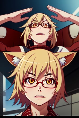 blonde hair, nerd , fox girl, buck teeth, glasses,  portrait view, looking up. sweater ,masterpiece,Kanbaru,transcend \(umamusume\),nerd_girl,Fox girl, short hair