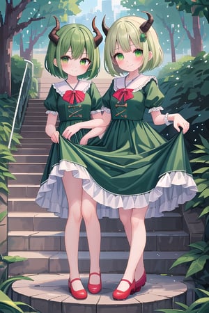 looking at viewer, blush, smile, short hair, bangs, multiple girls, long sleeves, dress, 2girls, closed mouth, green eyes, standing, full body, short sleeves, outdoors, frills, green hair, horns, shoes, day, siblings, blue dress, red footwear, tassel, twins, stairs, skirt hold,Pixel art