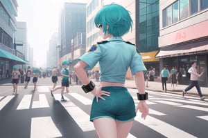 A tomboy with a bold pixie cut and vibrant aqua hair stands out against the bustling city backdrop as she walks down the busy street, her back to the camera. She wears a crisp blue police shirt and matching shorts, exuding confidence and authority. Her hands are grasping handcuffs at her hip, hinting at a sense of duty and responsibility. The sunlight catches the aqua hair, adding a pop of color to the otherwise urban scene.