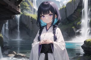 1girl, short bangs, blunt bangs, ,concave bangs, multicolored hair, blue hair, black hair, long hair, petite, mage robe, white robe, waterfall, relaxed, fantasy setting, side braid, purple eyes, glowing eyes.,anime