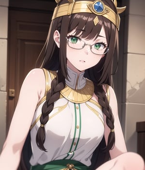 1girl, Israeli, brown hair, long hair, long bangs, ancient Egyptian clothes, Israeli clothes, glasses,  pale skin, green eyes, freckles,  side braid, 