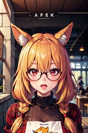 blonde hair, nerd , fox girl, buck teeth, glasses,  portrait view, looking up. sweater ,masterpiece,Kanbaru,transcend \(umamusume\),nerd_girl,Fox girl