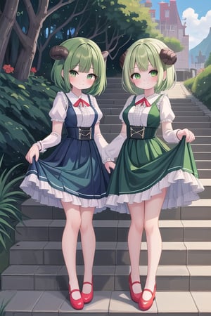 breasts, looking at viewer, blush, smile, short hair, bangs, multiple girls, long sleeves, dress, 2girls, closed mouth, green eyes, standing, full body, short sleeves, outdoors, frills, green hair, horns, shoes, day, siblings, blue dress, red footwear, tassel, twins, stairs, skirt hold,Pixel art