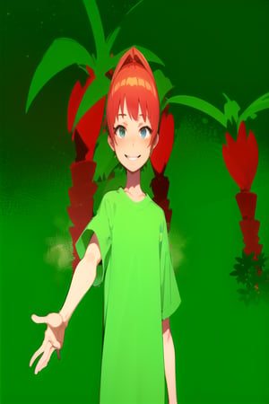 a girl with short hair on an island with palm trees, green shirt, hand stretched out., smiling.