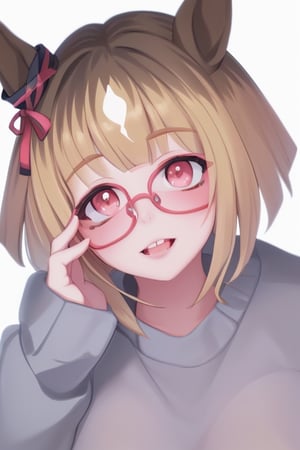 blonde hair, nerd , fox girl, buck teeth, glasses,  portrait view, looking up. sweater ,masterpiece,Kanbaru,transcend \(umamusume\),nerd_girl