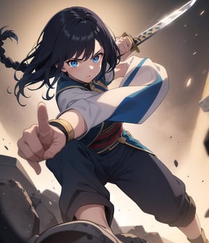 1girl, black hair, ancient Israeli clothes, medium hair, side braid,  freckles,  blue eyes, glowing eyes, holding a sword, brass knuckles, fighting pose 