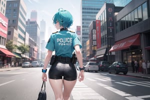 A tomboy with a bold pixie cut and vibrant aqua hair stands out against the bustling city backdrop as she walks down the busy street, her back to the camera. She wears a crisp blue police shirt and matching shorts, exuding confidence and authority. Her hands are grasping handcuffs at her hip, hinting at a sense of duty and responsibility. The sunlight catches the aqua hair, adding a pop of color to the otherwise urban scene.