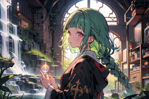 1girl, short bangs, blunt bangs, ,concave bangs, green_hair, long hair, petite, mage robe,  priestess, waterfall, relaxed, fantasy setting, side braid, pink eyes, glowing eyes.