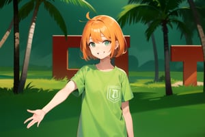 a girl with short hair on an island with palm trees, green shirt, hand stretched out., smiling, orange hair.