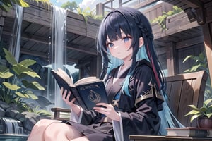 1girl, short bangs, blunt bangs, ,concave bangs, multicolored hair,  navy blue hair, black hair, long hair, mage robe, black and blue robe, waterfall, relaxed, fantasy setting, side braid, jade eyes,  reading a book.