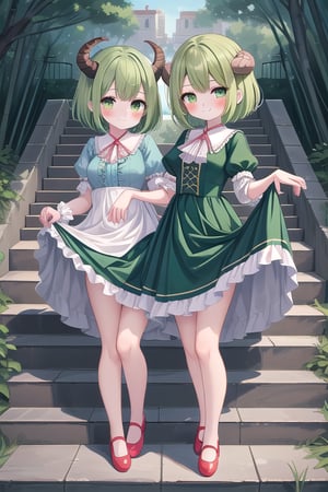 breasts, looking at viewer, blush, smile, short hair, bangs, multiple girls, long sleeves, dress, 2girls, closed mouth, green eyes, standing, full body, short sleeves, outdoors, frills, green hair, horns, shoes, day, siblings, blue dress, red footwear, tassel, twins, stairs, skirt hold,Pixel art