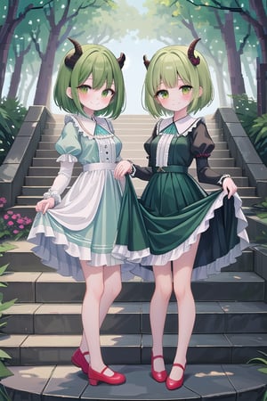 looking at viewer, blush, smile, short hair, bangs, multiple girls, long sleeves, dress, 2girls, closed mouth, green eyes, standing, full body, short sleeves, outdoors, frills, green hair, horns, shoes, day, siblings, blue dress, red footwear, tassel, twins, stairs, skirt hold,Pixel art