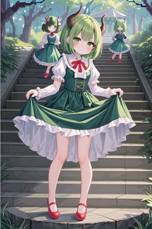 looking at viewer, blush, smile, short hair, bangs, multiple girls, long sleeves, dress, 2girls, closed mouth, green eyes, standing, full body, short sleeves, outdoors, frills, green hair, horns, shoes, day, siblings, blue dress, red footwear, tassel, twins, stairs, skirt hold,Pixel art