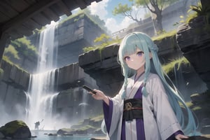 1girl, short bangs, blunt bangs, ,concave bangs, jade hair, long hair, petite, mage robe, white robe, waterfall, relaxed, fantasy setting, side braid, purple eyes, glowing eyes.,anime