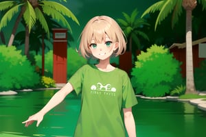 a girl with short hair on an island with palm trees, green shirt, hand stretched out., smiling.