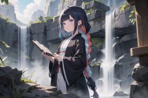 1girl, short bangs, blunt bangs, ,concave bangs, multicolored hair, parted hair, navy blue hair, black hair, long hair, petite, mage robe, white robe, waterfall, relaxed, fantasy setting, side braid, purple eyes, glowing eyes.,anime