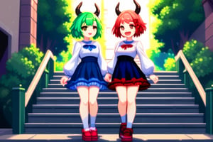 breasts, looking at viewer, blush, smile, short hair, bangs, multiple girls, long sleeves, dress, 2girls, closed mouth, green eyes, standing, full body, short sleeves, outdoors, frills, green hair, horns, shoes, day, siblings, blue dress, red footwear, tassel, twins, stairs, skirt hold,Pixel art