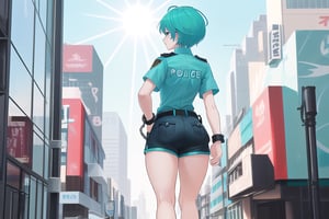 A tomboy with a bold pixie cut and vibrant aqua hair stands out against the bustling city backdrop as she walks down the busy street, her back to the camera. She wears a crisp blue police shirt and matching shorts, exuding confidence and authority. Her hands are grasping handcuffs at her hip, hinting at a sense of duty and responsibility. The sunlight catches the aqua hair, adding a pop of color to the otherwise urban scene.