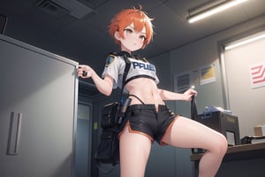 A close-up shot of a tomboy with vibrant orange hair styled in a messy pixie cut, framing her determined expression and piercing brown eyes. She's dressed in knee-high shorts, highlighting her toned legs as she stands protectively inside a dimly lit police station, the stark fluorescent lights overhead casting an eerie glow.