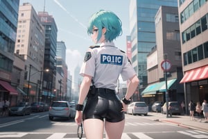 A tomboy with a bold pixie cut and vibrant aqua hair stands out against the bustling city backdrop as she walks down the busy street, her back to the camera. She wears a crisp blue police shirt and matching shorts, exuding confidence and authority. Her hands are grasping handcuffs at her hip, hinting at a sense of duty and responsibility. The sunlight catches the aqua hair, adding a pop of color to the otherwise urban scene.