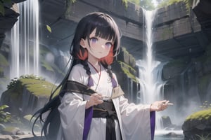 1girl, short bangs, blunt bangs, ,concave bangs, multicolored hair, parted hair, ruby hair, black hair, long hair, petite, mage robe, white robe, waterfall, relaxed, fantasy setting, side braid, purple eyes, glowing eyes.,anime