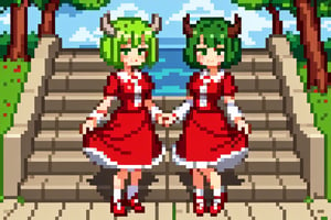 breasts, looking at viewer, blush, smile, short hair, bangs, multiple girls, long sleeves, dress, 2girls, closed mouth, green eyes, standing, full body, short sleeves, outdoors, frills, green hair, horns, shoes, day, siblings, red dress, red footwear, tassel, twins, stairs, skirt hold,Pixel art