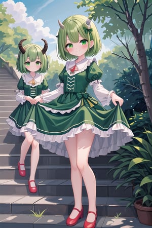 looking at viewer, blush, smile, short hair, bangs, multiple girls, long sleeves, dress, 2girls, closed mouth, green eyes, standing, full body, short sleeves, outdoors, frills, green hair, horns, shoes, day, siblings, blue dress, red footwear, tassel, twins, stairs, skirt hold,Pixel art