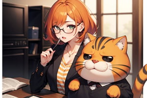 A garfield girl, orange hair, black stripes, big hair, glasses, fat cat.