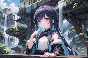 1girl, short bangs, blunt bangs, ,concave bangs, multicolored hair,  navy blue hair, black hair highlights, long hair, petite, mage robe, black and blue robe, waterfall, relaxed, fantasy setting, side braid, purple eyes, 