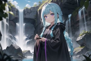 1girl, short bangs, blunt bangs, ,concave bangs, multicolored hair, parted hair, cyan hair, black hair, long hair, petite, mage robe, black and blue robe, waterfall, relaxed, fantasy setting, side braid, purple eyes, glowing eyes.,anime