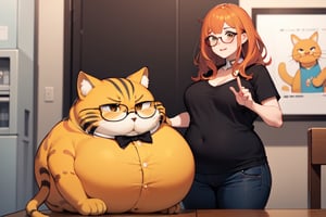 A garfield girl, orange hair, black stripes, big hair, glasses, fat cat.