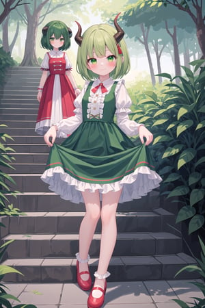 looking at viewer, blush, smile, short hair, bangs, multiple girls, long sleeves, dress, 2girls, closed mouth, green eyes, standing, full body, short sleeves, outdoors, frills, green hair, horns, shoes, day, siblings, blue dress, red footwear, tassel, twins, stairs, skirt hold,Pixel art