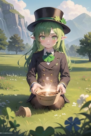 A leprechaun girl. green hair, gren tophat, has a clover. flag of Ireland, pointy ears, glowing eyes, green eyes, pot of gold, banknotes, on a meadow.