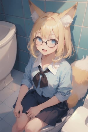 blonde hair, nerd emoji, fox girl, buck teeth, glasses, looking up. blue blouse. sitting on a toilet. shy peeing