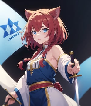 1girl,ruby hair, ancient Israeli clothes, medium hair, side braid,  freckles,  blue eyes, glowing eyes, holding a sword,  marron hair, lion ears, Israel flag 