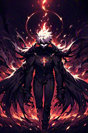 A figure emerges from the shadows, framed by the darkness. The man's stark white hair stands out against the black attire: a sleek shirt and pants. A silver mask covers the upper half of his face, concealing his features. His eyes glow red, with tiny pupils like black opals, as he walks forward with purpose. Sparkles emanate from his golden skin, like embers bursting into flame. Atop his shoulders, massive black demon wings spread wide, their inky scales glistening in the dim light.