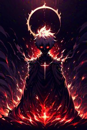 A figure emerges from the shadows, framed by darkness. The man's completely white hair stands out against the black outfit. A silver mask covers the top half of his face, hiding his features. His eyes glow red, with tiny pupils like black opals, as he walks forward with determination. Sparkles emanate from its golden skin, like embers that burst into flames. On his shoulders, you can see traces of smoke and flames that surround him in a spiral full of blood.
