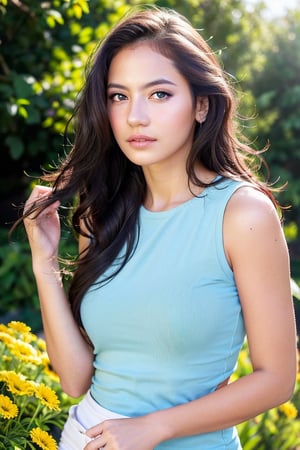 cute,sexy,russian,girl,Feeling happy,slight smile,Wearing a light blue tight fitting top,(beautiful detailed eyes:1.1),(beautiful detailed lips:1.1),(extremely detailed eyes and face:1.1),(long eyelashes:1.1),soft curly brown hair,pointed nose,(rosy cheeks:1.1),(flawless porcelain skin:1.1),(sparkling eyes:1.1),(slim figure:1.1),standing in a blooming garden,holding a bouquet of colorful flowers,(butterflies fluttering around:1.1),(sunlight filtering through the leaves:1.1),(soft spring breeze:1.1),(green grass and vibrant flowers:1.1),with a charming background of a wooden white fence and blue sky,(best quality,4k,8k,highres,masterpiece:1.2),ultra-detailed,realistic,photorealistic:1.37,portraits,vivid colors,pastel color tones,soft natural lighting.