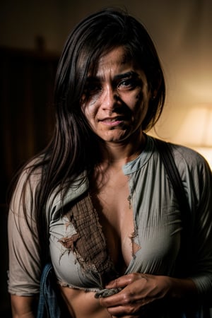 A close-up shot of Munzereen Shahid's hands, grasping a worn-out shirt with torn and frayed edges. The ripped clothes are a testament to the turmoil she has faced. Harsh lighting accentuates the rough textures, while the background is blurred to emphasize her emotional struggle.