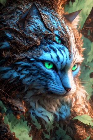 Intricate  fantasy animal cat detail, award winnig photography, intricate details, 8k, colors cian and white ,Intricate ,Add more detail,green theme,perfect light,r1ge, solo