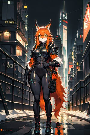 High quality, masterpiece, viking, 1girl, sole_female, undercut orange hair, brigth orange pupils, eyesgod, nodf_lora, furry, furry female, white futuristic police armor, bunny girl, patrolling the dark nights of a futuristic city, full_body