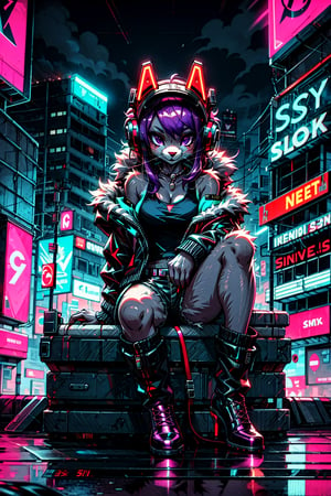 High quality, masterpiece, 1girl, sole_female, shiny long ligth purple hair, black_eyes, furry, entire body covered in fur, cyberpunk style jacket, tank top, cyberpunk style shorts, cyberpunk style boot heels, sitting in front of a giant neon sign, with headphones,