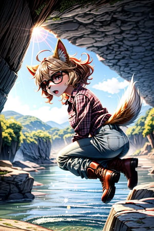 High quality, masterpiece, 1girl, sole_female,  brigth_gray_eyes, eyesgod, curly shiny blonde hair, floppy dog ​​ears, plaid shirt, sunglasses, sports pants, lumberjack boots, jumping between the rocks of a river