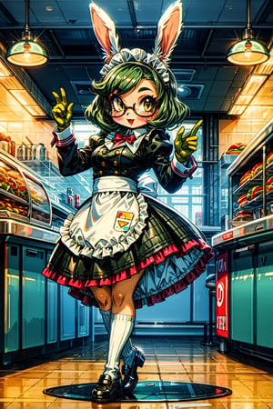 High quality, masterpiece, 1girl, sole_female,  shiny green hair, yellow_eyes, retro maid outfit, dancing in an old hamburger shop, retro glasses, bunny ears, bunny whiskers
